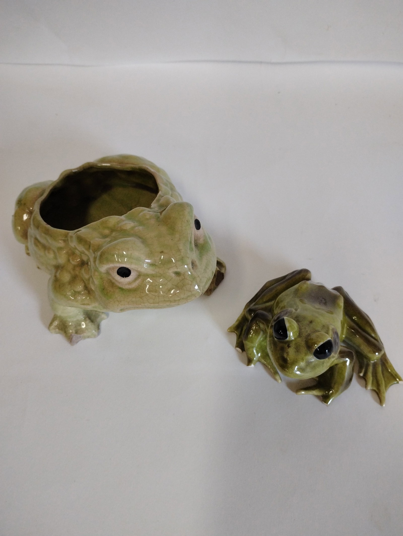 Vintage Pottery Frog Figures (2): One marked indiscernibly. Both with imperfections, minor, as pictured. 3 3/4:H x 7 1/2"L (largest)