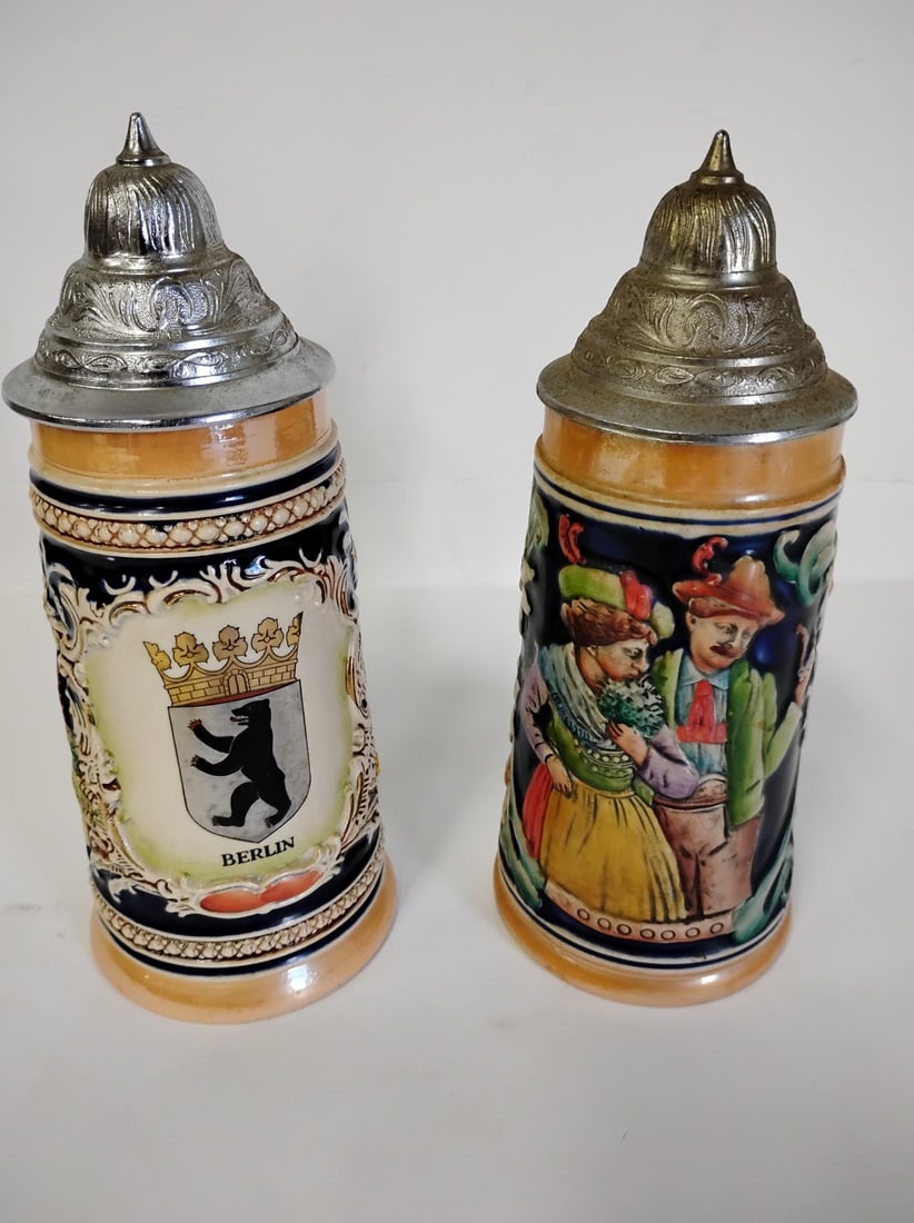 Vintage German Beer Steins (2): Marked at the underside. Tallest is 9.25"H.