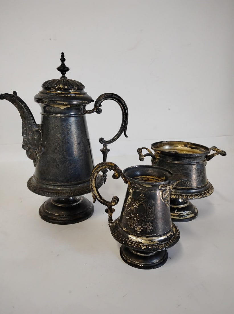 Vintage Victorian Era Silver-Plated Tea Service: All marked at the underside indiscernibly. Tallest is 11.75"H and smallest is 5"H