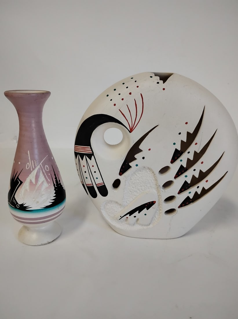 Vintage Navajo Pottery Vases (2): Bud wase with a horse and tent motif, 6"H. Larger one is 7"H by 7"W. White vase is marked at the underside " T.Garcias Acoma N.M.