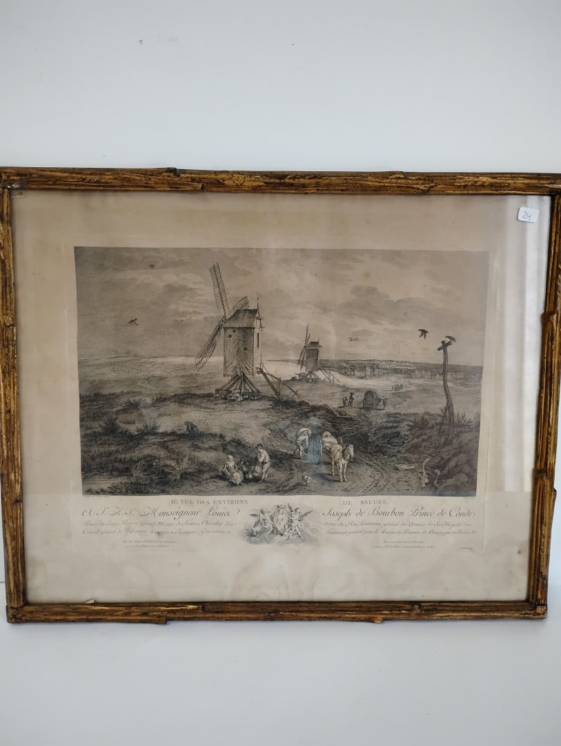 Jaques-Philippe Le Bass Engraving: Framed. 18"H by 21.5"W. "Second View of the Surroundings of Bruges" .
