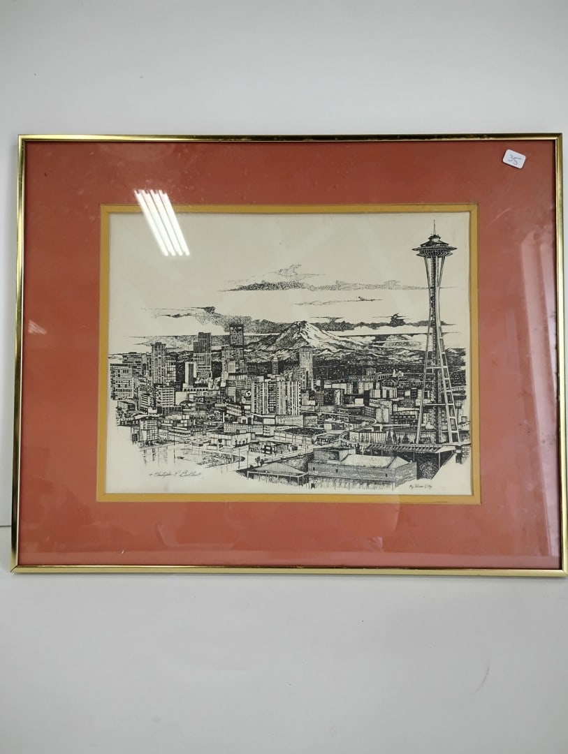 Christopher Paul Bollen's "My Silver City" Print: Matted and Framed. 16.25"H by 20.25"W. Features a pen-and-ink style cityscape of Seattle with the Space Needle and Mount Rainier.