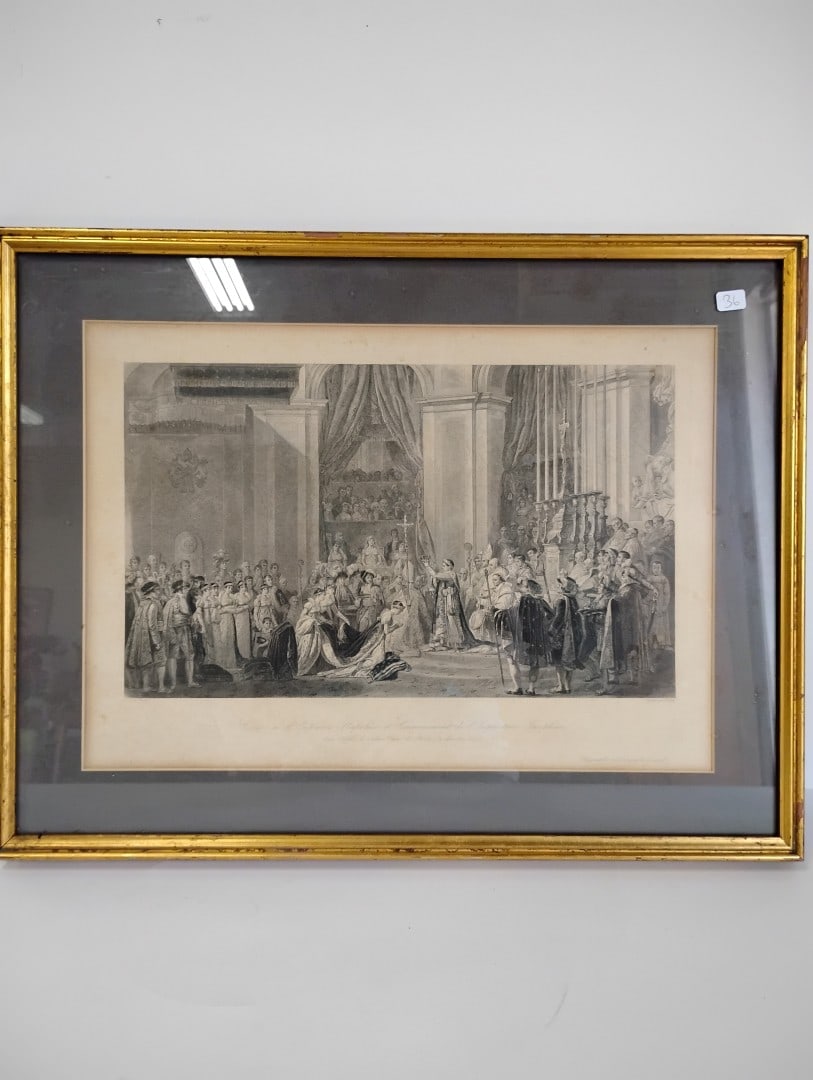 Jaques Louis David Engraving of "Le Sacre de Napoleon": Matted and framed. 17"H by 22"W. Depicts the coronation ceremony of Napoleon I and Empress Jos?phine at Notre-Dame de Paris in December 1804.