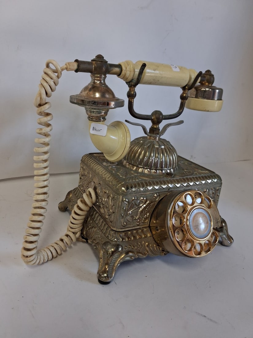 Vintage Imperial Style Ornate Rotary Phone: Brass and Ivory colored. Model No. 43-323A. Serial No. 509650