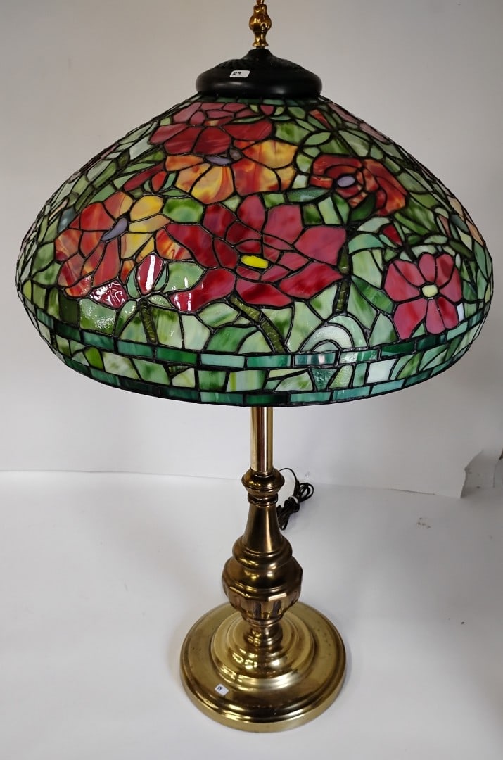 Leaded PoppyTable Lamp: Shade Diam. 21 3/4" H Overall 37 1/2"H Some very minor imperfections to the edge.