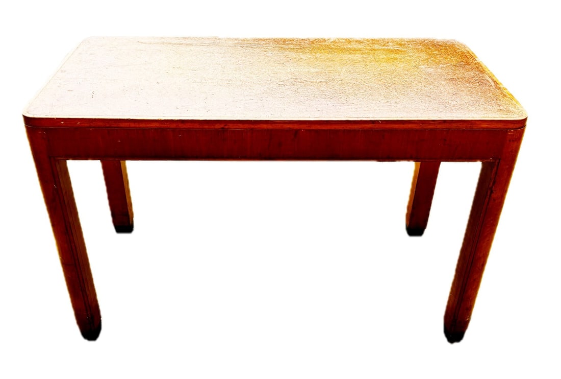 Zavody Art Deco Cork-Top Table: Geometric design. Blonde wood table with cork top. Attributed to Czechoslovakian furniture maker Zavody; 30in.H. x 48in.W. x 24in.D.