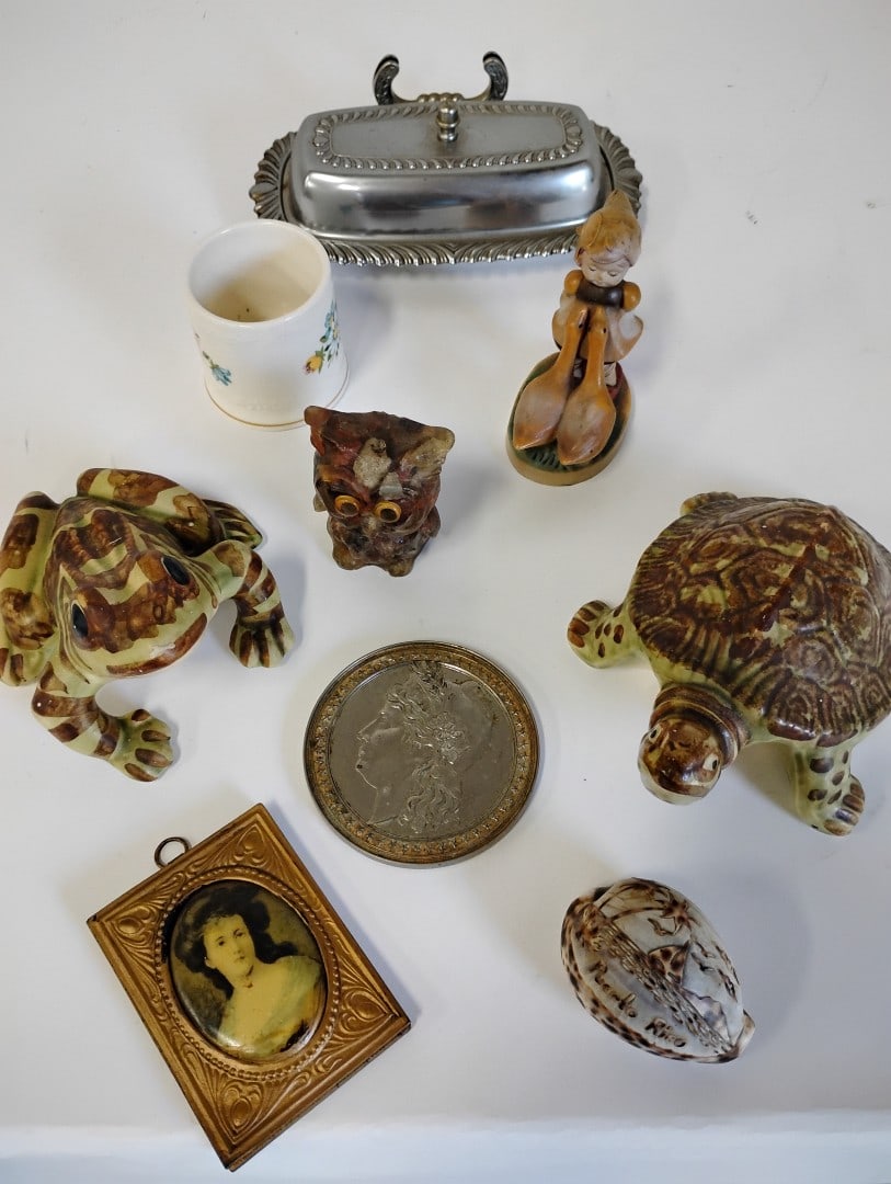 Dealer's Lot of Vintage Items (9): Turtle figure, frog figure, owl figure, butter dish, miniature portrait, "silver" medallion coaster , Hummel like figure . a floral decorated vase, a shell Nine items in the lot