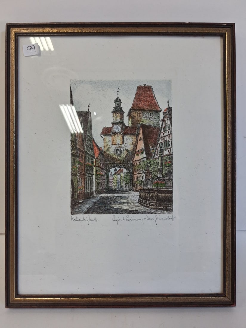 Ltd. Etching Ernest Geissendorfer: "Markusturm". German Etching entitled and signed. Label at the reverse. 12.5"H by 10"W.