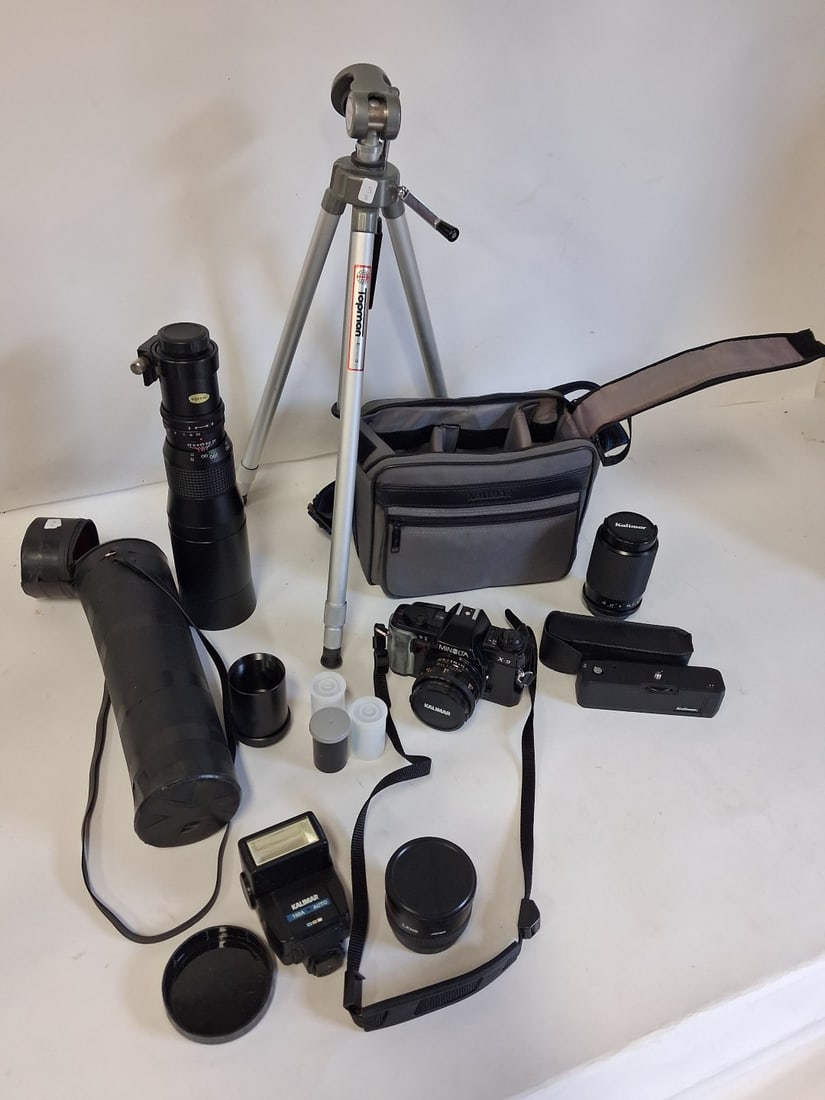 Minolta X9 Camera, Tripod Etc: Topman tripod, 72 mm lens in case, camera in carrying bag ; with other lenses and other accessories.