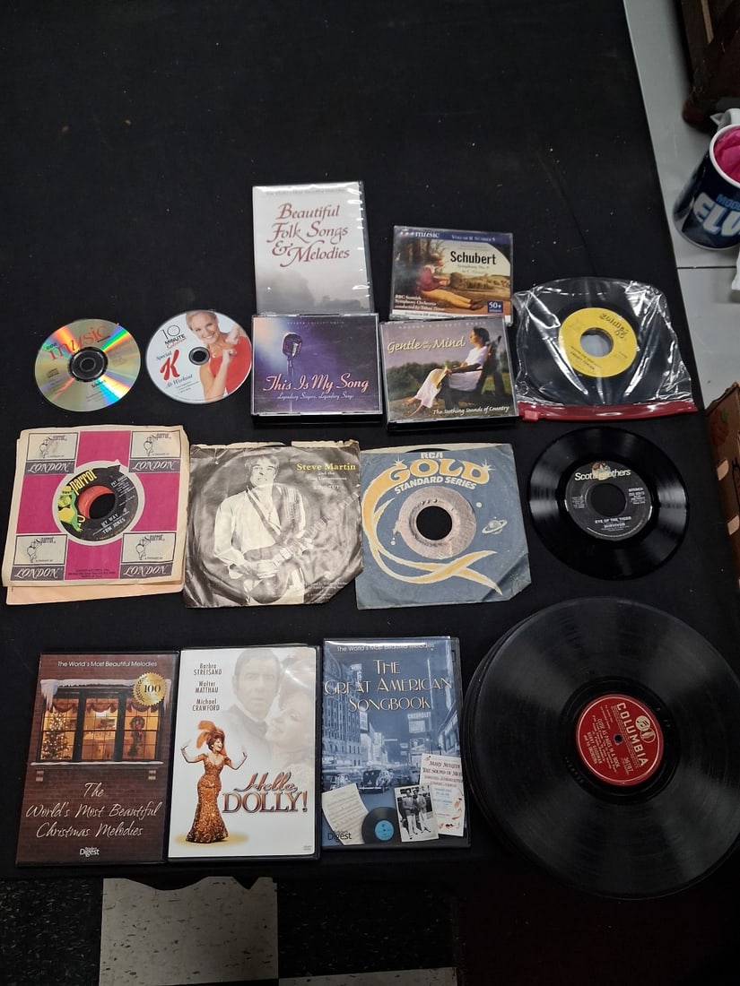 Collectors Lot of DVD's, 78's & 45's: As pictured 36 78's, 10 45's