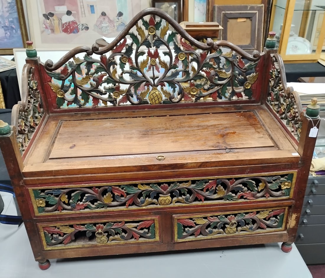 Ornate Carved Teakwood Settee: 33in h x 38 3/8in W x 18 3/4in D Vintage import teakwood wedding chair. Lift top and two drawers