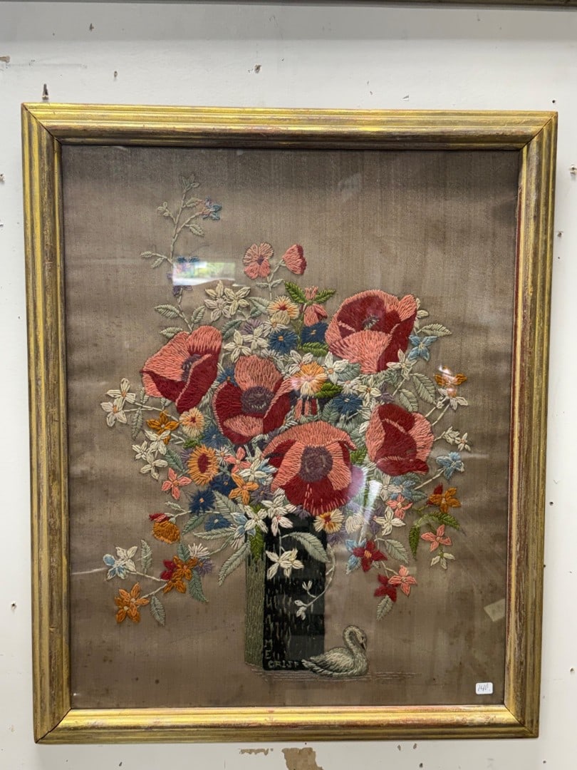 M. E. Crisp; American Embroidery Artist Signed: Framed embroidery. Flower in a Vase. Artist signed; 24in. x 18in.(image)