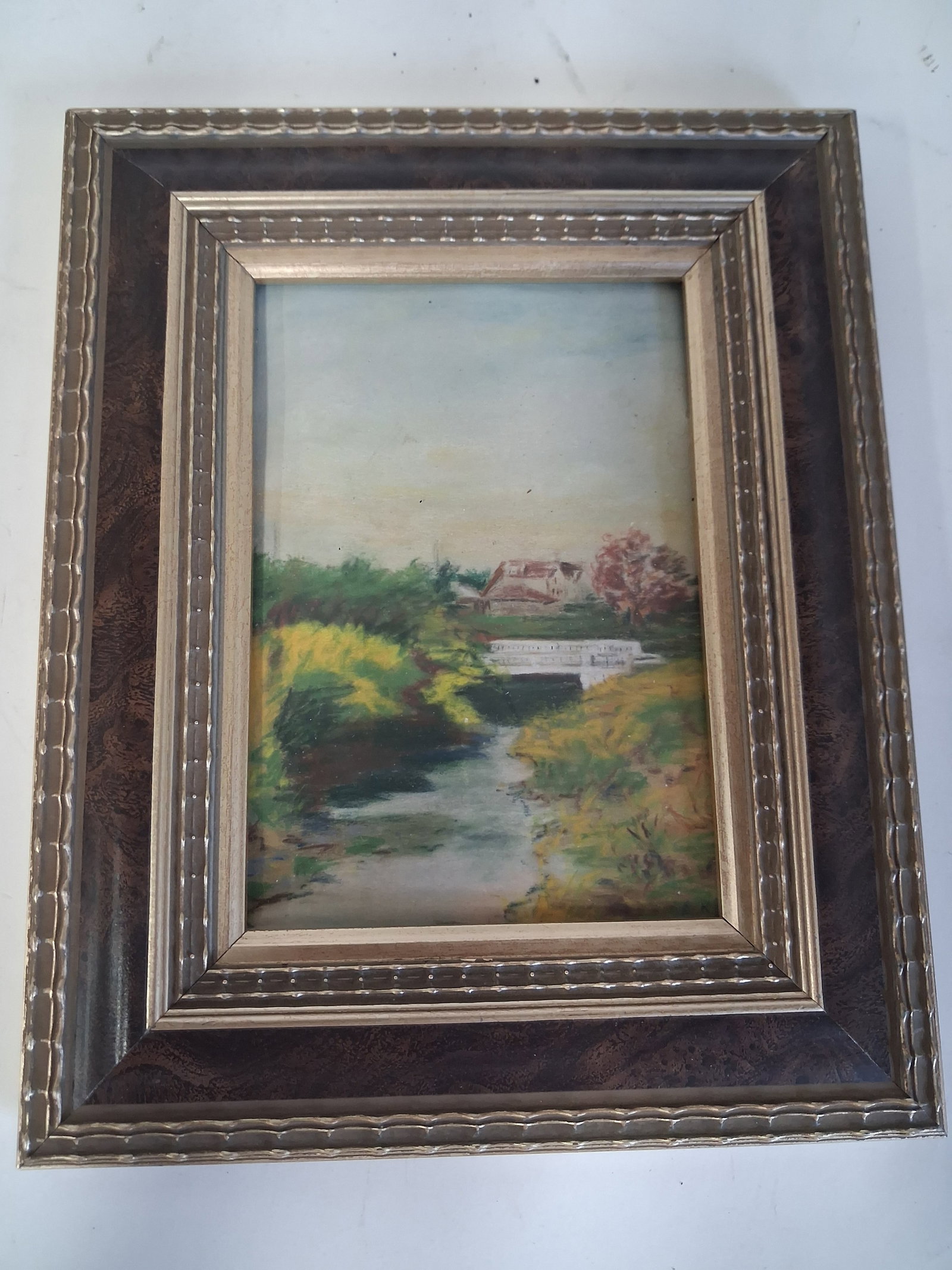 Watercolor, House near Bridge & Stream: 7 3/4 x 8 3/4