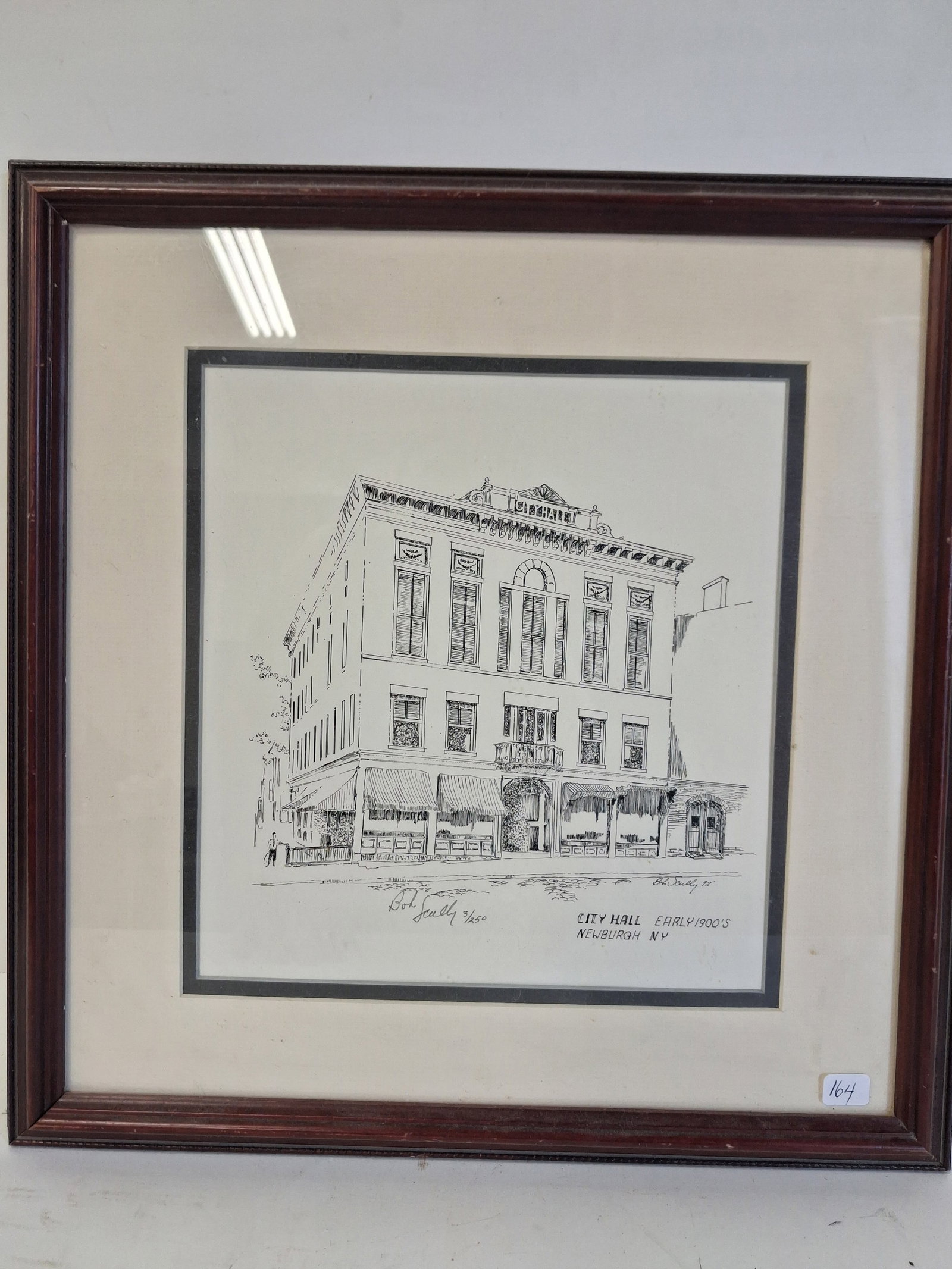 Bob Scully Ltd. Ed. Newburgh Engraving: City Hall, Early 1900's Newburgh, NY Numbered 3/250 and Sgd. Gallery matted and framed. 16"Hx 15"W
