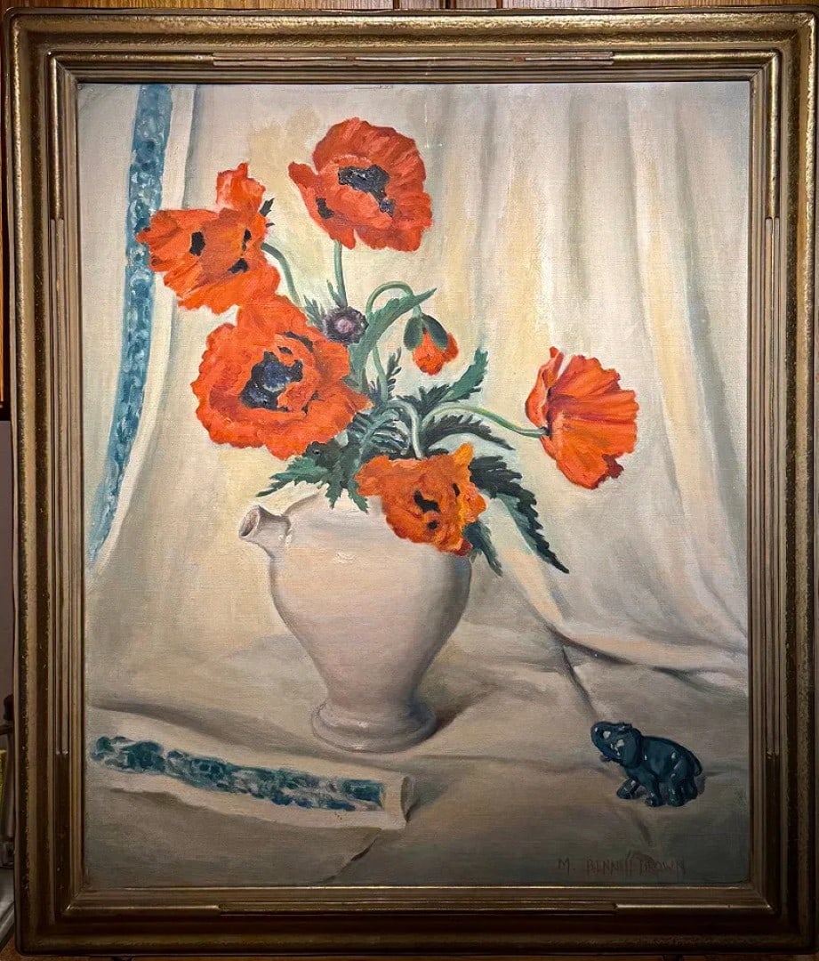 Mae Bennett-Brown; American Oil Oriental Poppies Signed: Mae Bennett-Brown(1887-1973)oil on canvas. Oriental poppies. Signed lower right. Having 1938 North Shore Arts of Gloucester exhibition label affixed at reverse. Housed in a fine hand carved period fra