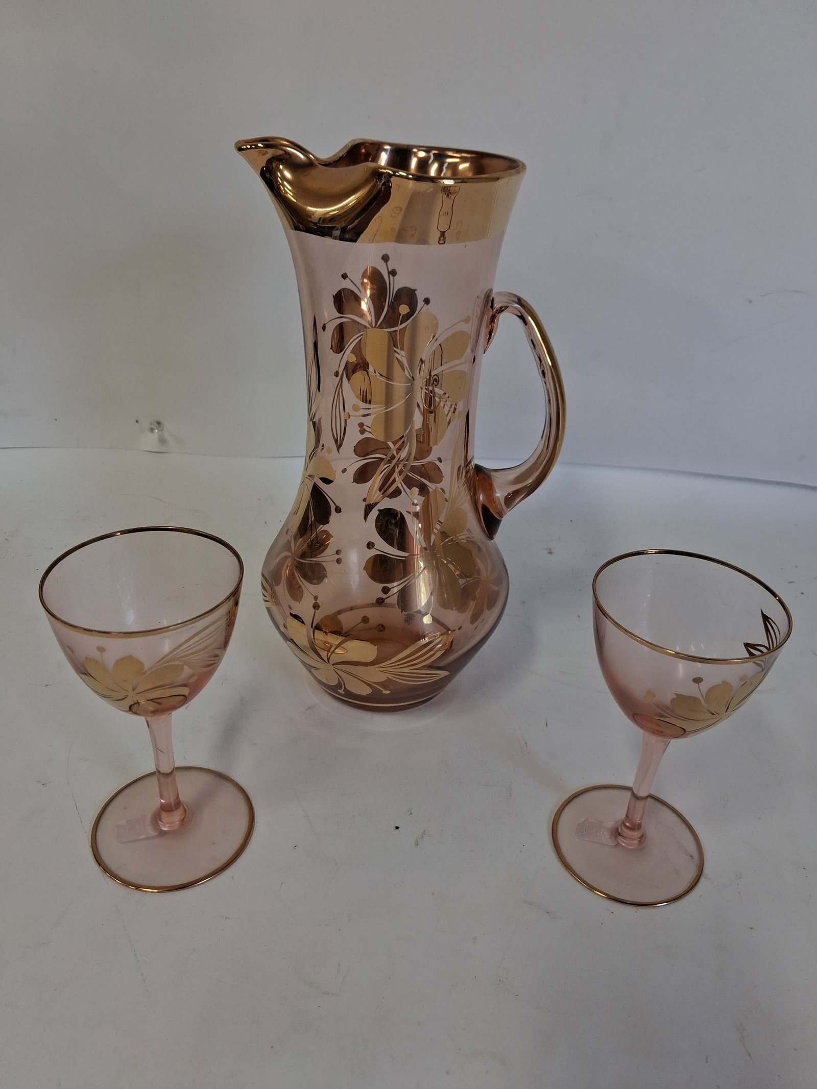 Gilt Decorated Red Glass Pitcher & 2 Glasses (3): 10 1/2"H
