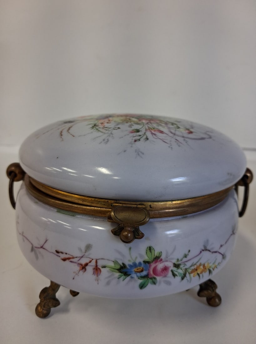 Vintage Hand Painted Brass Mtd. Dresser Jar: Some indiscernible markings at the underside.