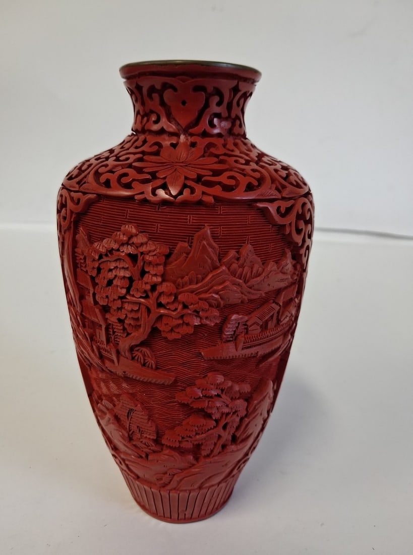 Cinnabar Vase: 8" H Sticker at underside