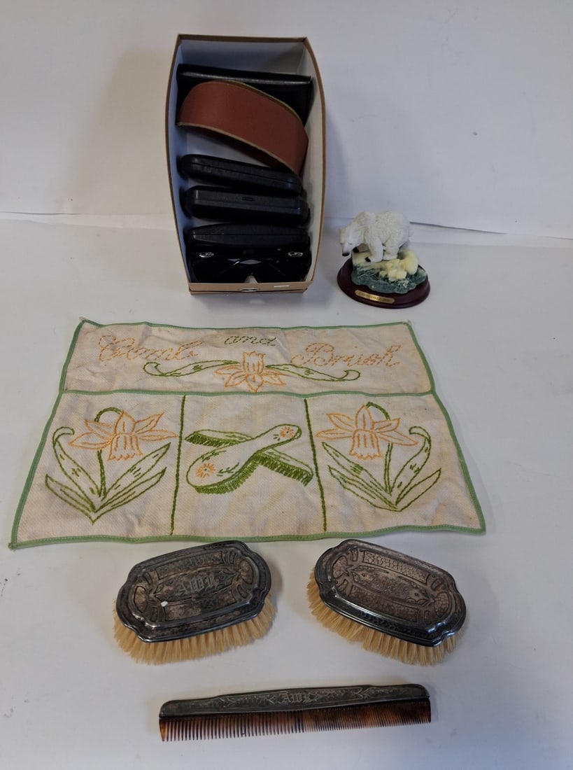 Mixed Lot for Dealer or Collector (4): Polar Bear Figure ( China) New in the box; various sunglasses and other eyewear, three pc dresser set and Comb and Brush holder
