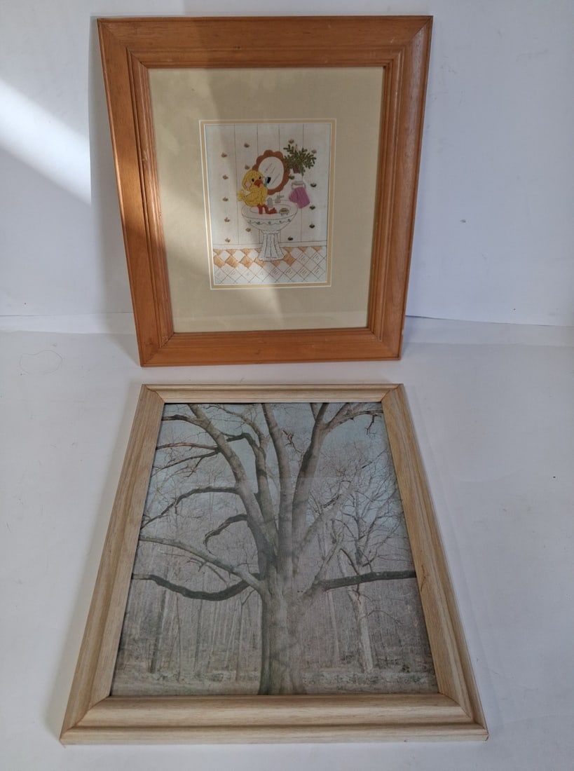 Vintage Print and Vintage Needlework (2): Woodland landscape 16 3/16 H x 13 1/8 and a duck 15 7/8in H x 13 7/8 W