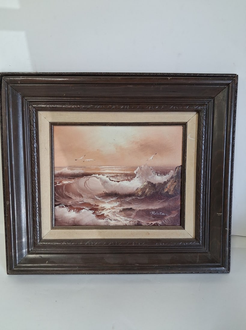 Sgd. Robertson Oil on Canvas: Ocean Wave. Matted and Framed 15in H x 17 1/8in w