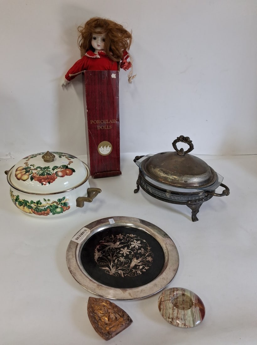 Collectors Lot of Antiques (6): A Victorian Onyx and silver bird plate 10 3/16in, a covered casserole 8 1/2in H, a marble desk top paperweight, and an oriental Buddha plaque, a covered grape decorated Table Tops Unlimited Dish, a bi