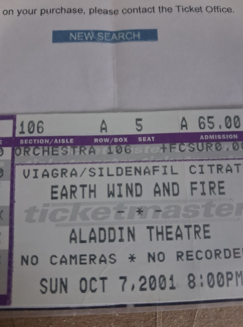 Autographed Photo Earth, Wind and Fire: Signed by all three. Photo for 30th Ann'y 2001. And a ticket to the production at the Aladdin theater