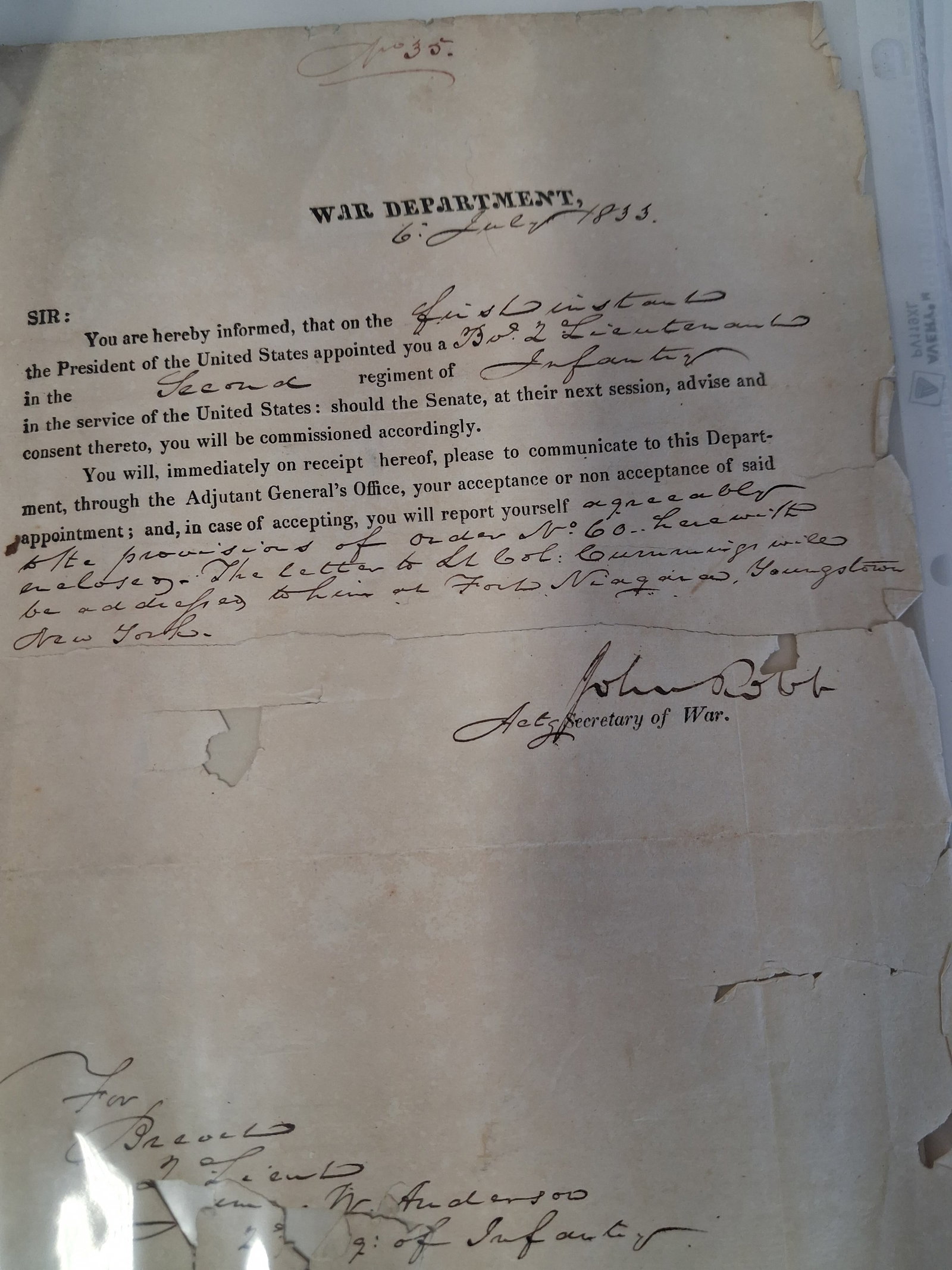 Capt. James W. Anderson Ephemera: As pictured, One of 12, 876 Americans who were killed in the Mexican War One of the 82 regular US Army officers killed in battle. His original notices of commissions to rank of Captain