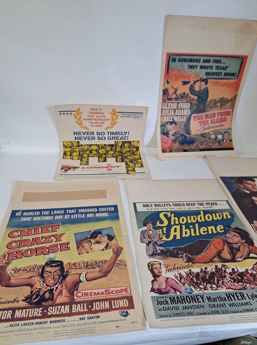Movie Posters (5): 22in H x 14in W. The Longest Day, The Midnight Story, The Man from the Alamo, Chief Crazy Horse and Showdown at Abilene.