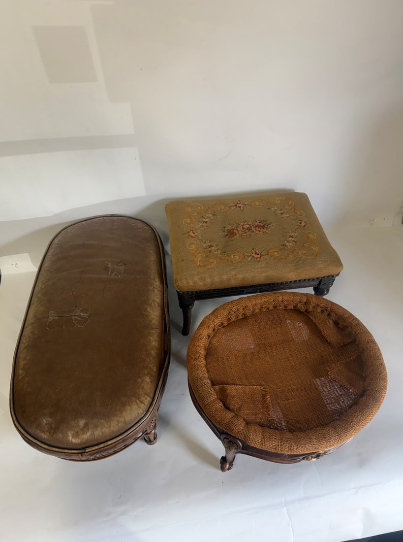 Vintage Footstools (3): Various Shapes. As pictured. All about 10"H. Oval footstool is 25.5"W. The needlepoint footstool is 16"W. The other is 15"W