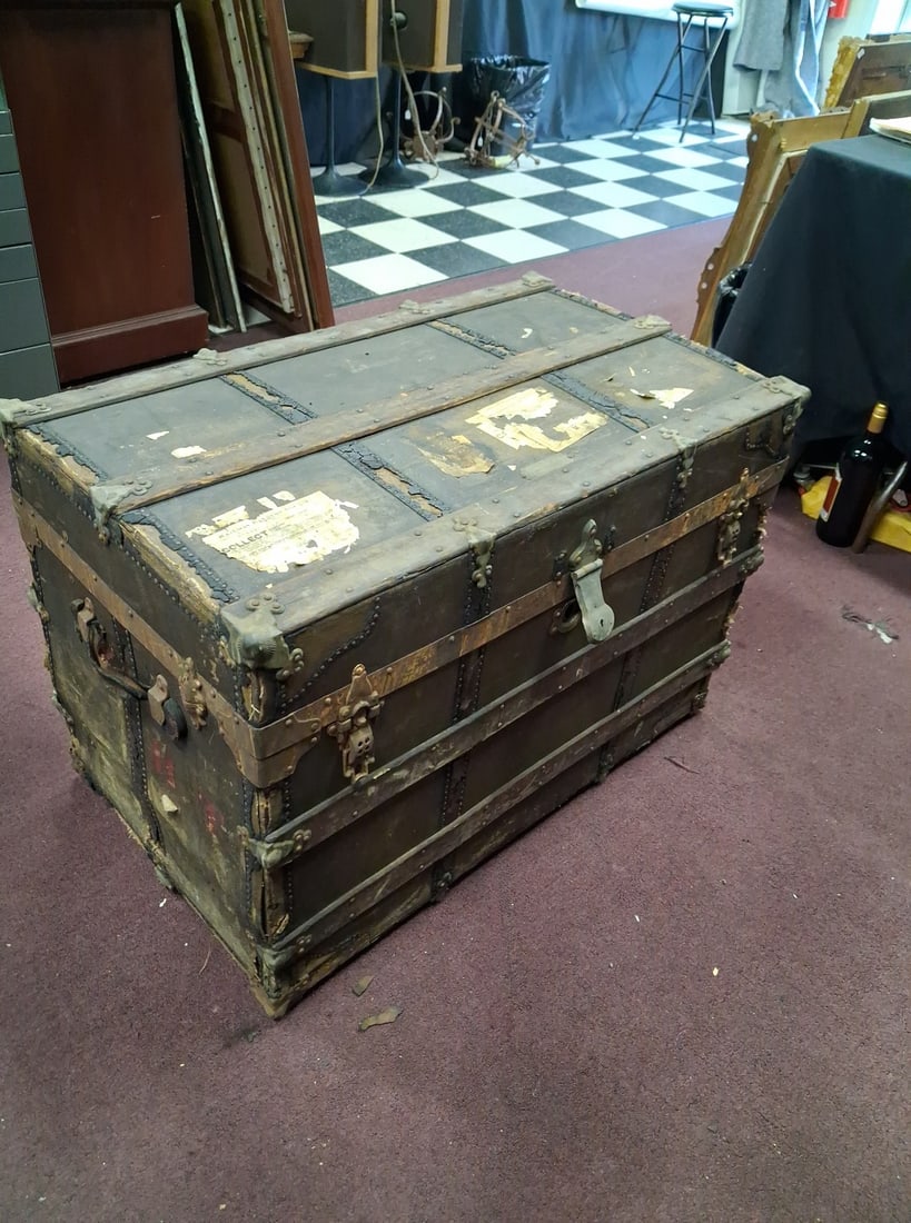 Antique VintageTrunk: Anitque wooden trunk with metal hardware and orginal inside 24 1/2in H x 35 1/2in W x 21in d