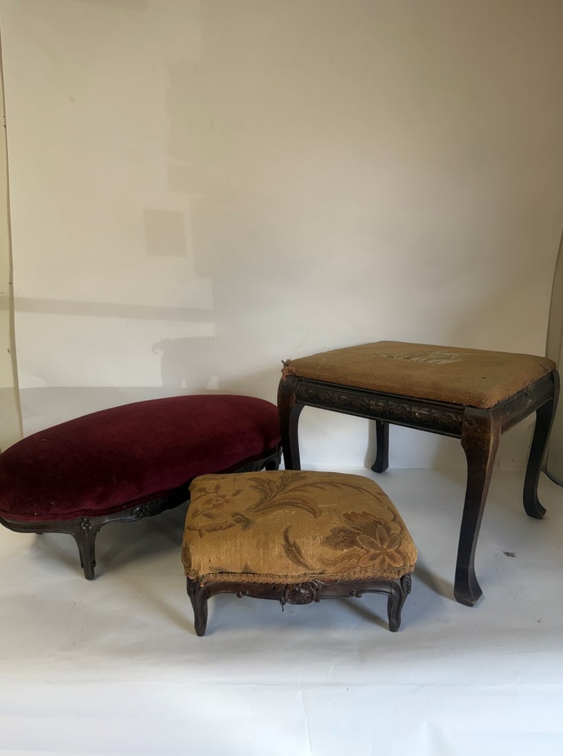Vintage Footstools (3): As pictured. Various sizes. Tallest is a needlepoint cat top (14.5"H by 16"W). Oval footstool is 9"H by 26"W. Smallest is 7"H by 14"W.