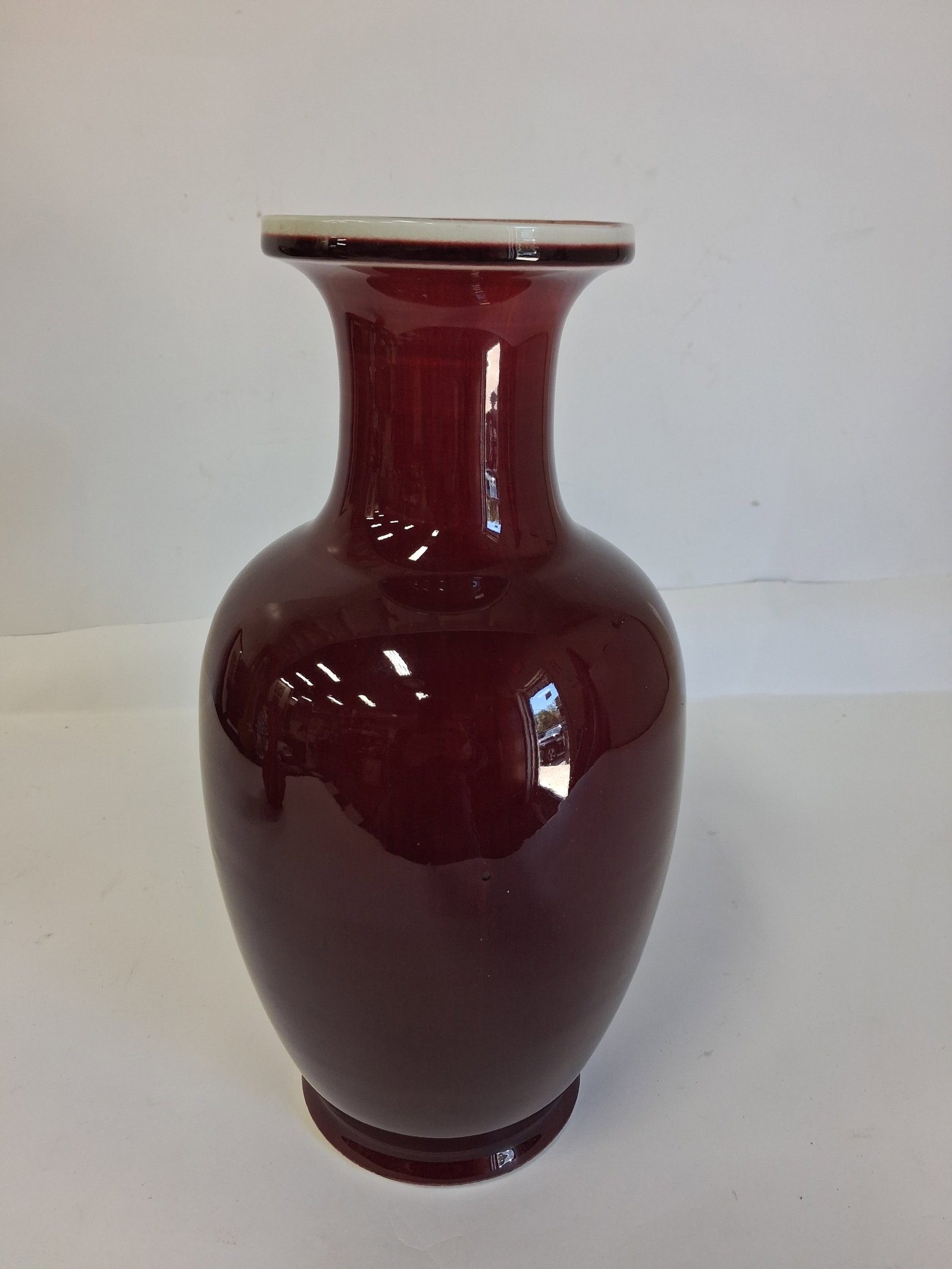 Large Chinese Oxblood-Glazed Pottery Vase: 12"H 7"W Mark at bottom shown in photo but not discernible