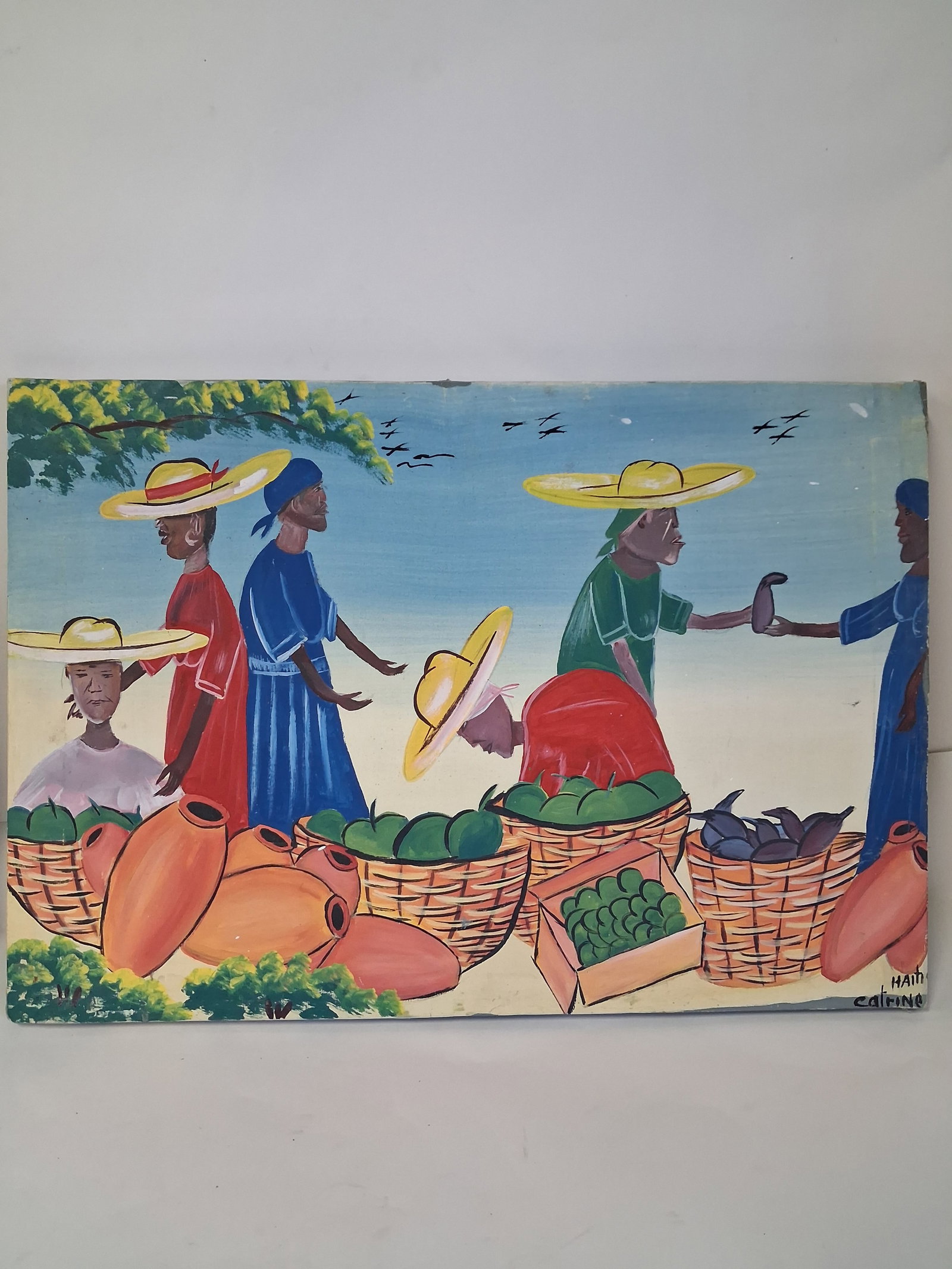 Signed Painting on Canvas: As pictured. Signed painting of Haitian market