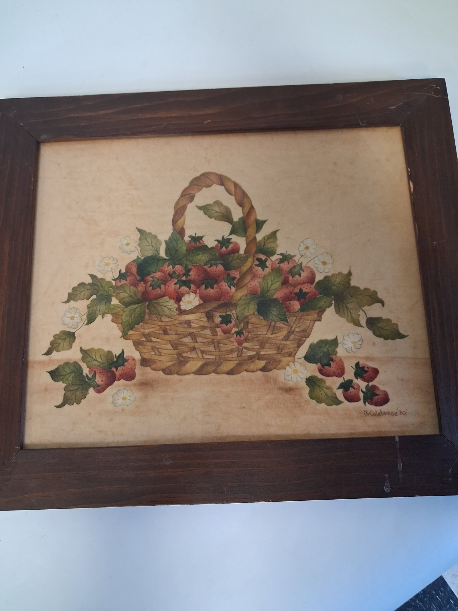 Signed framed art: As pictured. Art of basket of strawberries.