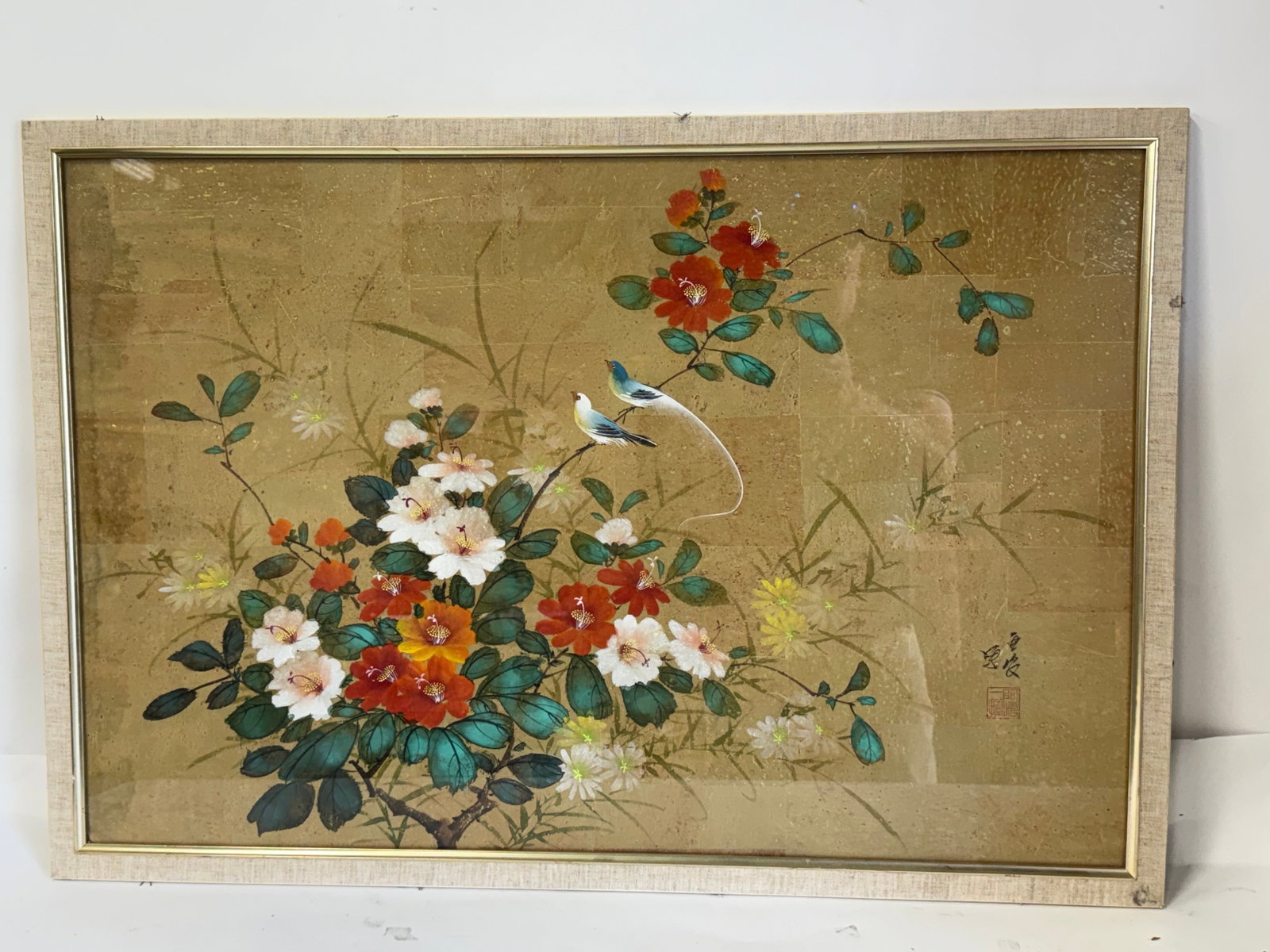 20thC. Chinese Watercolor "Birds Amongst Flora and Foliage" Signed: Watercolor, ink and gold leaf on paper. Birds Amongst Flora and Foliage. Artist signed and having red seal; 26.25in. x 38in.(overall)