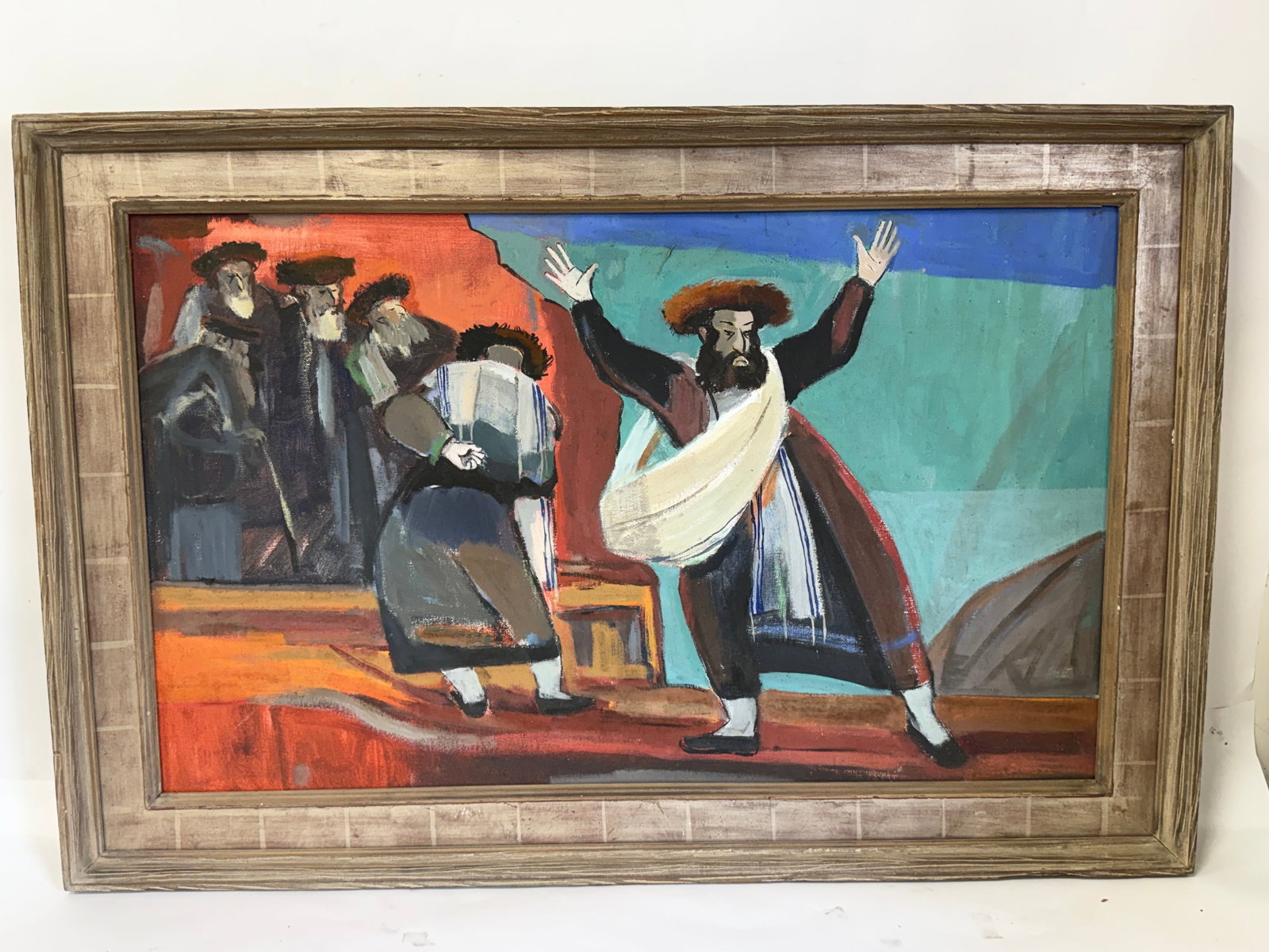 Adolf (Adi) Adler(attributed to); 20thC. Israeli Oil "Dancing Rabbi" (1 of 3)
