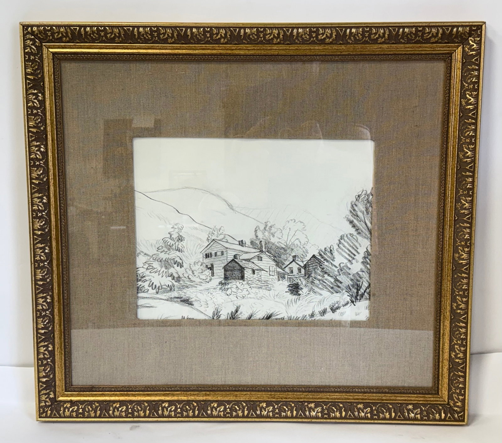 Harriet Tannin; American Pencil Drawing "Woodstock Farmhouse": Pencil drawing on paper. Woodstock Farmhouse. Inscribed on reverse, Harriet Tannin(Woodstock Artist); 12in. x 16in.(image), 26in. x 29in.(framed)