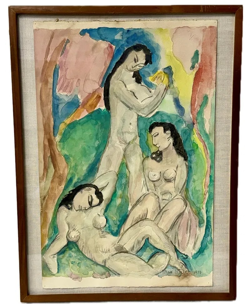 20thC. American Modernist Watercolor Signed: Watercolor and pencil on heavy paper. Three Nude Women in Forest. Bears signature lower right and dated 1912; 22.5in. x 15in.(image), 25in. x 19in.(framed)
