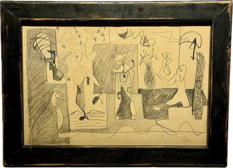 Eugene Arcieri; 20thC. Surrealist Drawing Signed: Eugene Arcieri (1914–2005) pencil on paper. Surrealist Composition. Signed lower right with artist's monogram; 9.25in. x 13.5in.(image), 12in. x 16in.(framed)