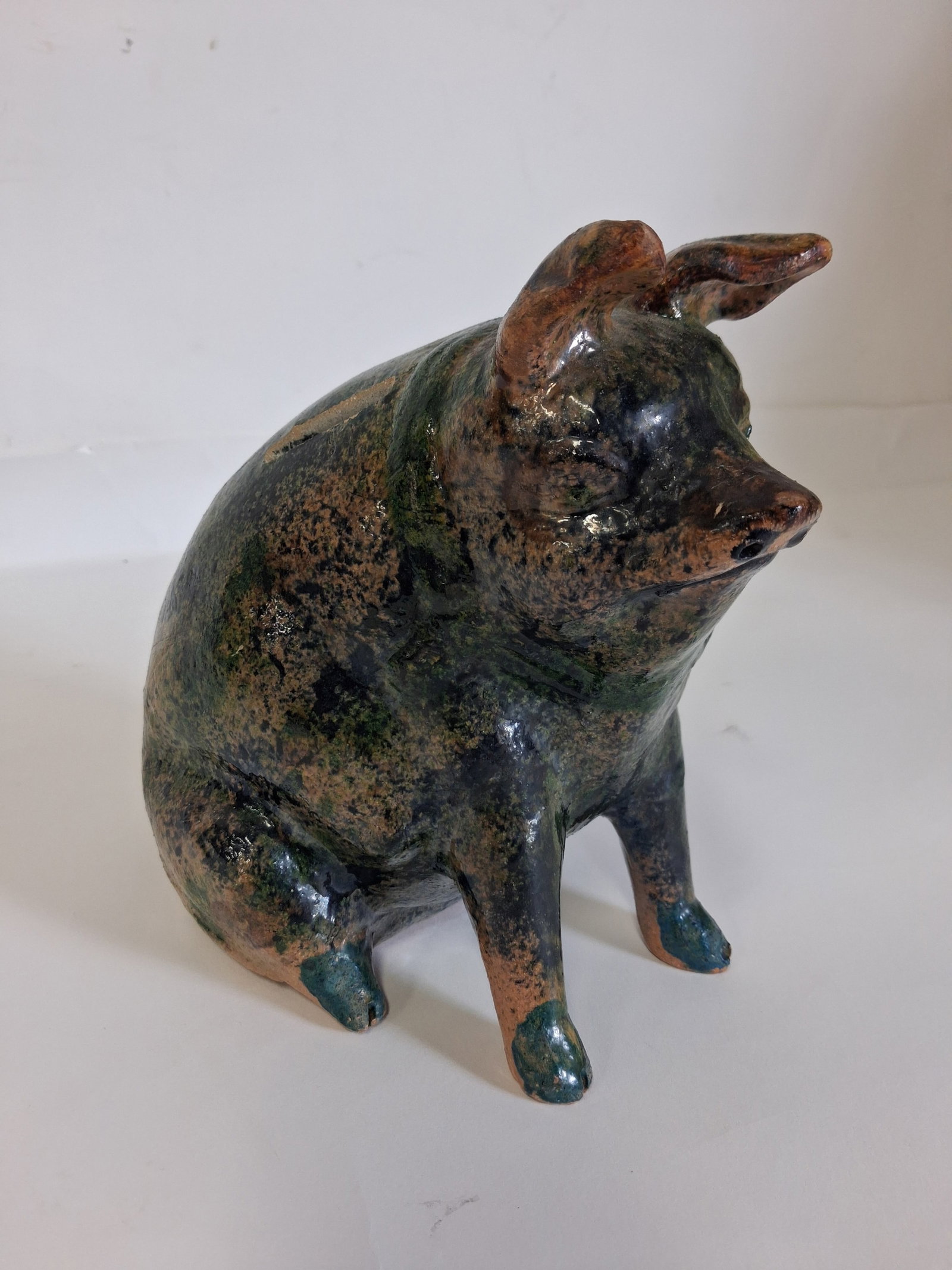 Large Antique Pottery Pig Bank: 8 1/8" H x 8in w
