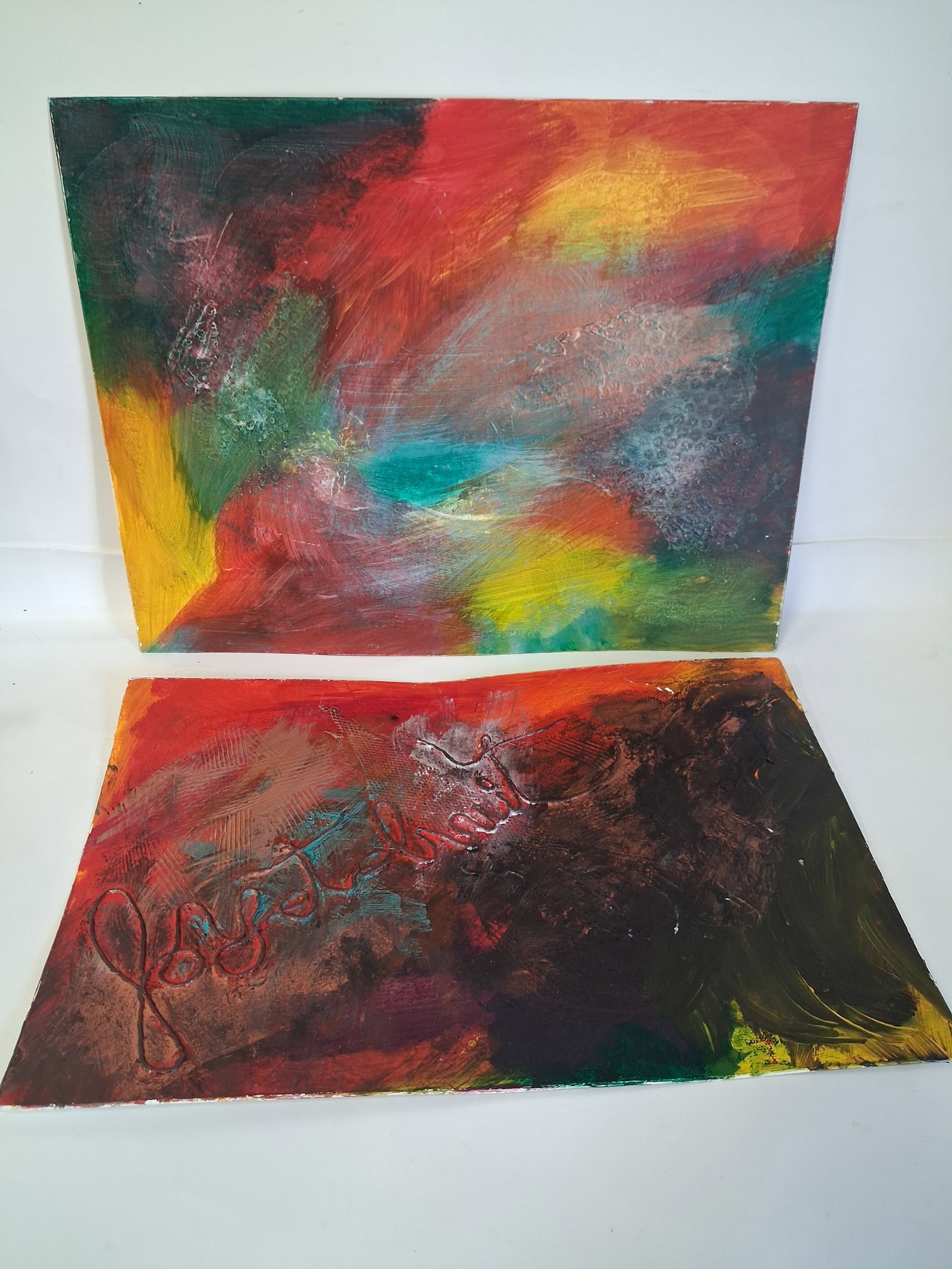 Modernistic Oil on Board Painting (2): Artist unknown for both. Largest is 16.5”H by 21.5”L. The other is 14”H by 21”W.