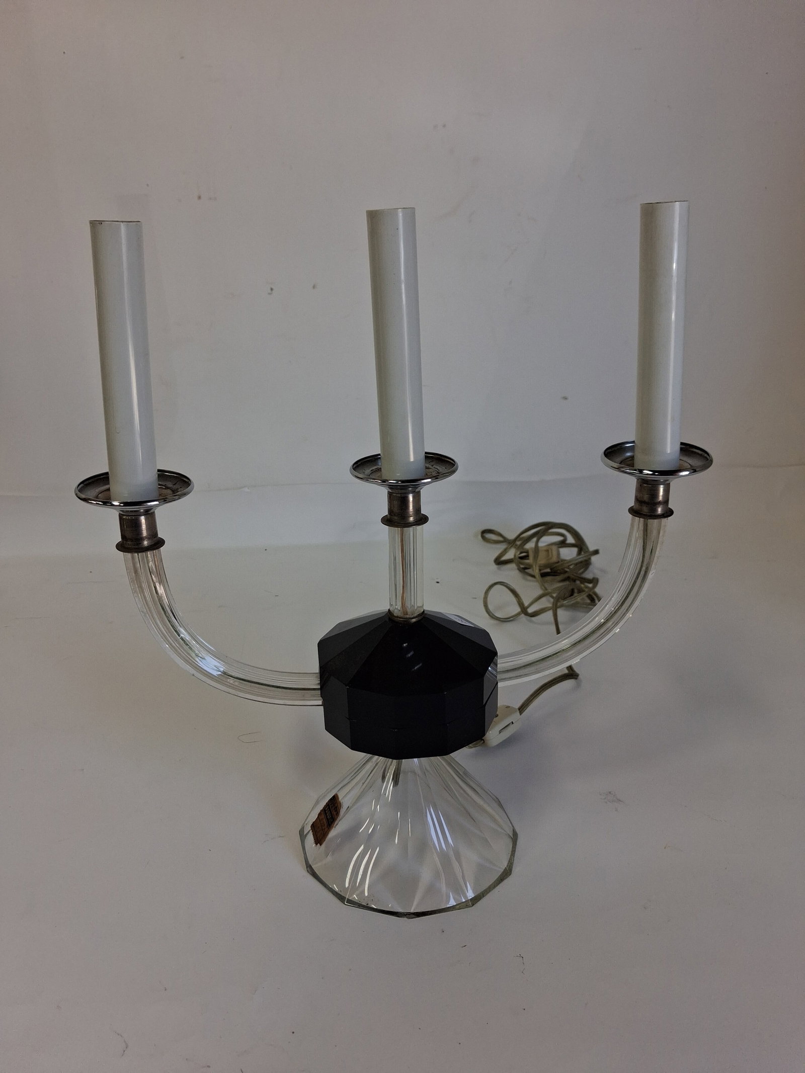 Art Moderne Lucite and Chrome Candelabra: 13.75”H by 12.75”W