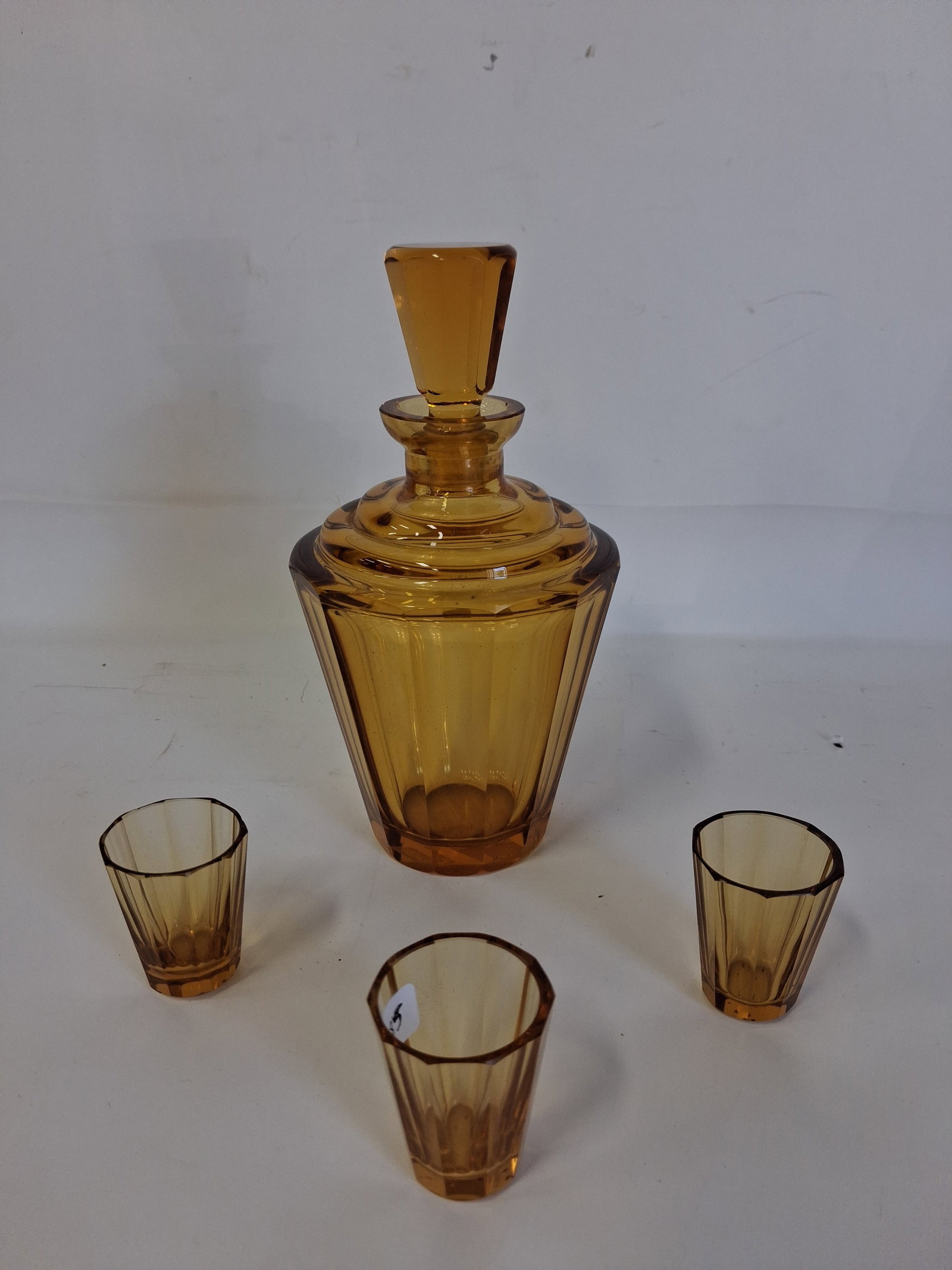 Art Deco Czechoslovakian Amber Glass Liquor Set: Bottle is 8”H. As pictured