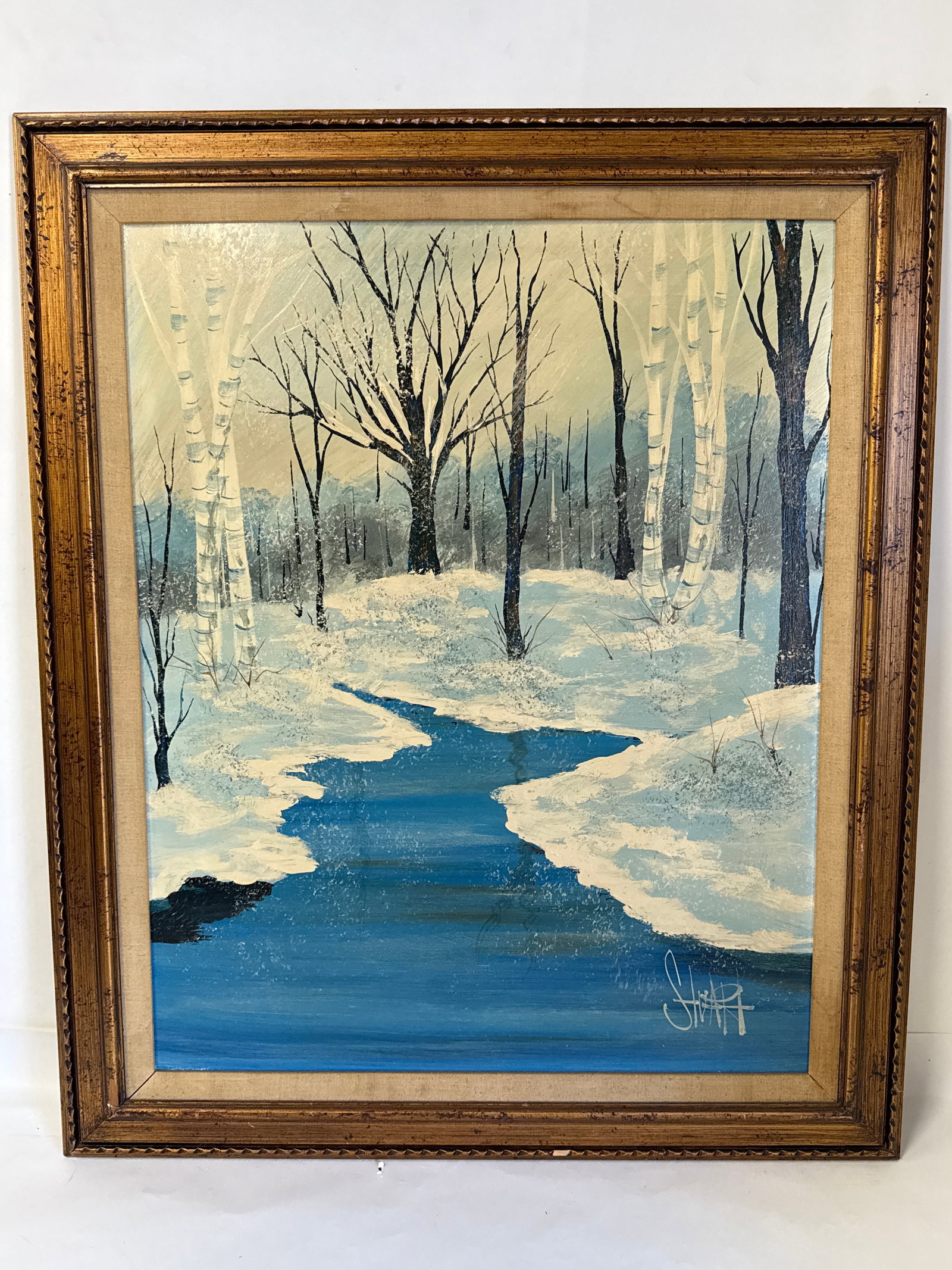 Stuart Burr; 20thC. Modernist Oil Winter Scene Signed: Oil on masonite. Winter Landscape with Stream. Signed lower right; 30in. x 24in.(image), 36.5in. x 30.5in.(framed)