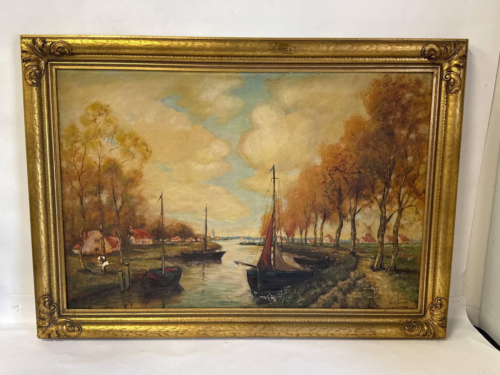 Van Dorn; 19thC. Dutch Oil Coastal Inlet Signed: Oil on canvas. Coastal Inlet. Signed lower right; 24in. x 36in.(image), 30in. x 41.5in.(framed)