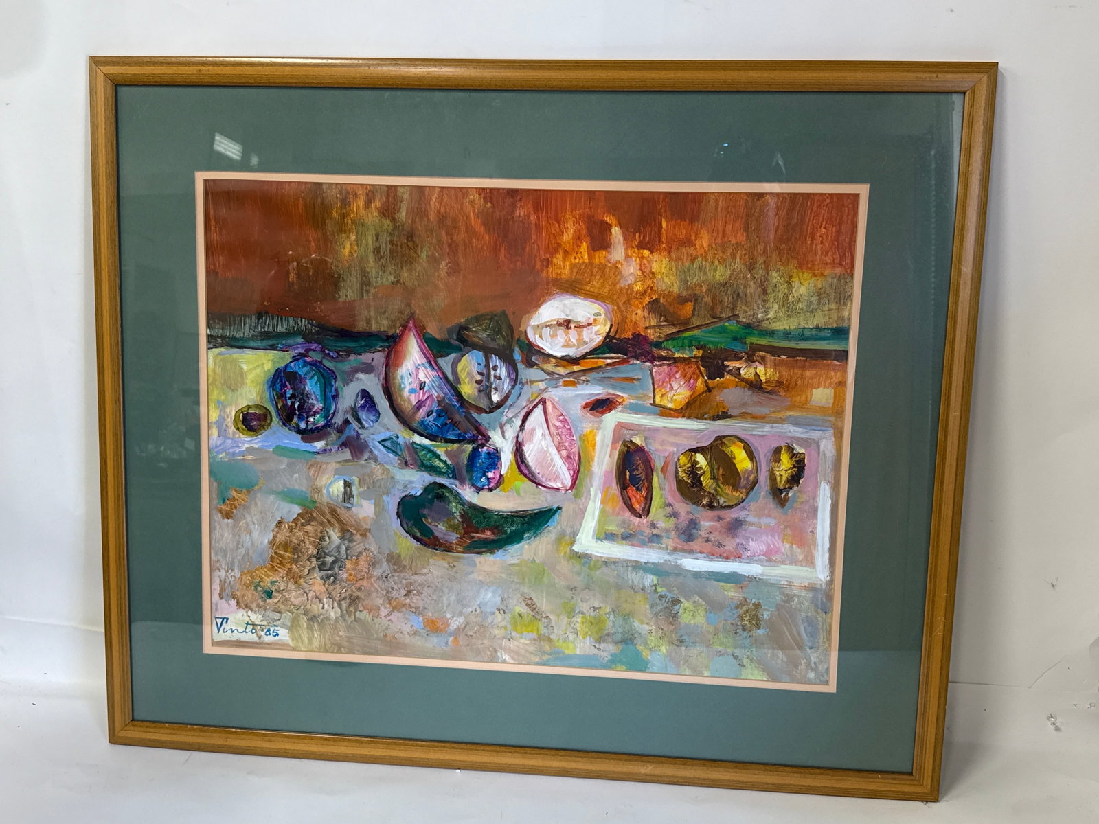 Vinto; 20thC. Modernist Italian Gouache Still Life Signed: Gouache on board. Table Still Life with Fruit. Signed lower left and dated '85; 19in. x 24.5in.(image), 27.5in. x 33.5in.(unframed)