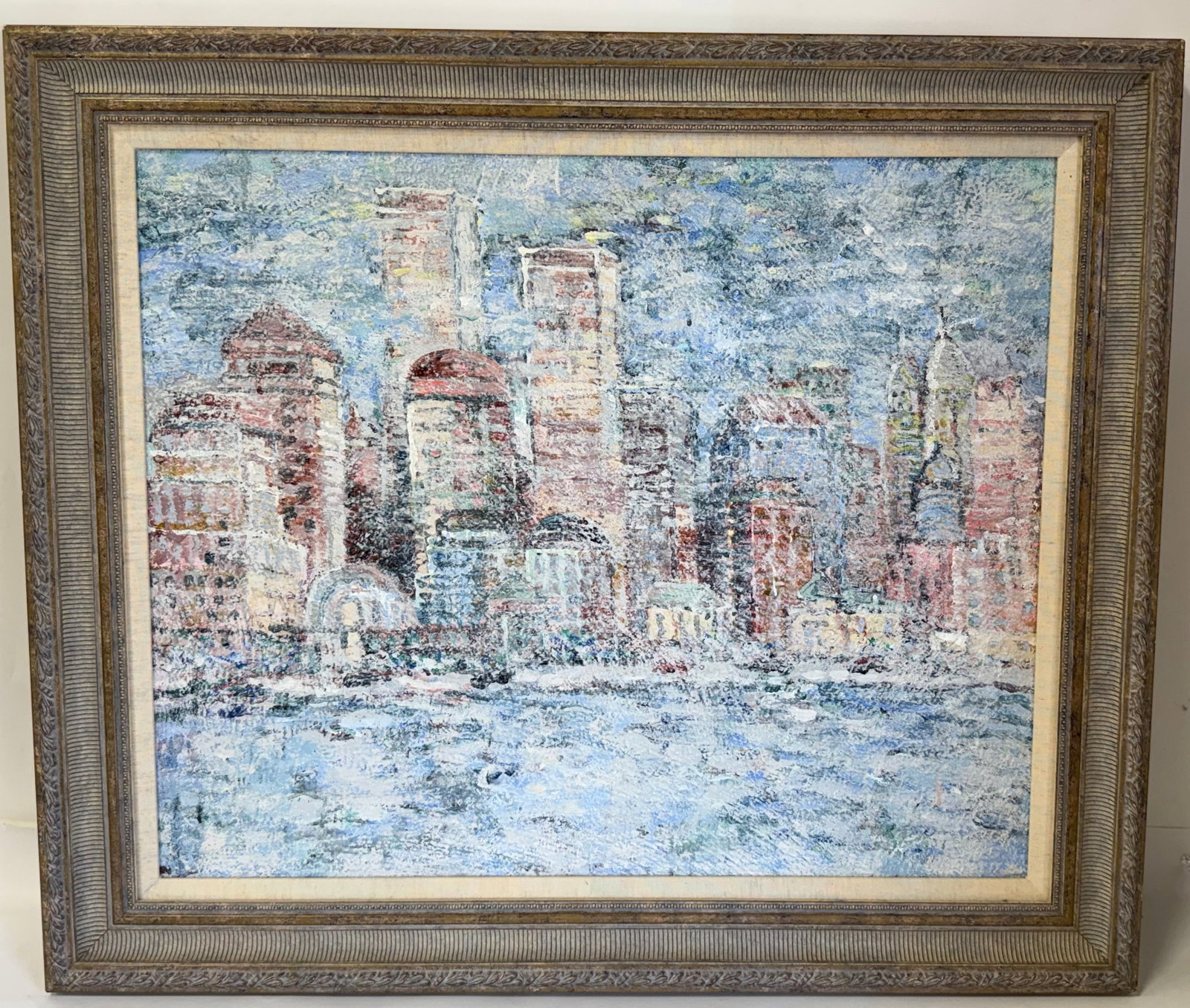 Kyu Nam Han; Korean Modernist Oil "World Trade Center": Oil on canvas. World Trade Center -Lower Manhattan. Inscribed on reverse and dated; 23.5in. x 28.5in.(image), 30in. x 35in.(framed)