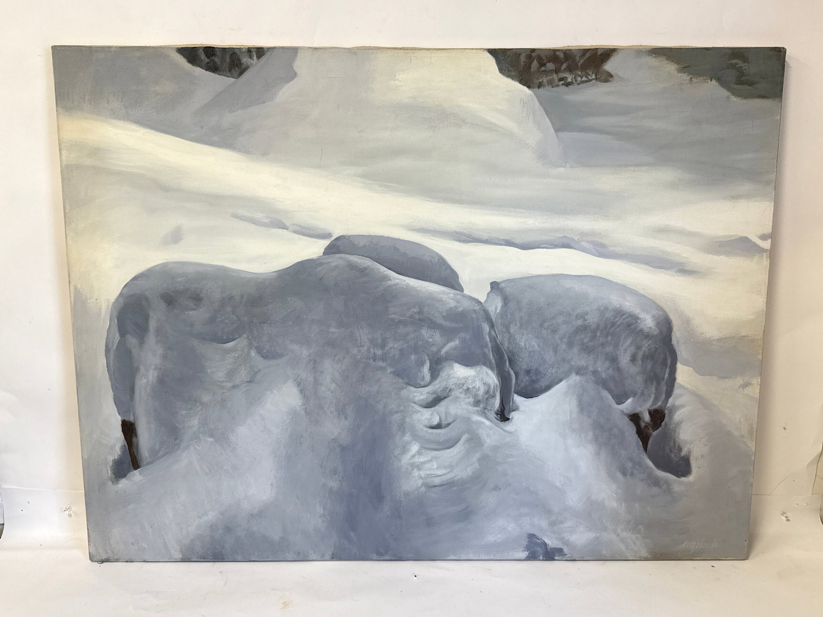Robert Angeloch; 20thC. American Oil “Snow on Stumps” Signed: Robert Angeloch(1922-2011) Woodstock, NY artist. Oil on canvas. Snow on Stumps. Signed lower right. Titled on overlap and having catalog no. 7329; 30in. X 40in.(unframed)