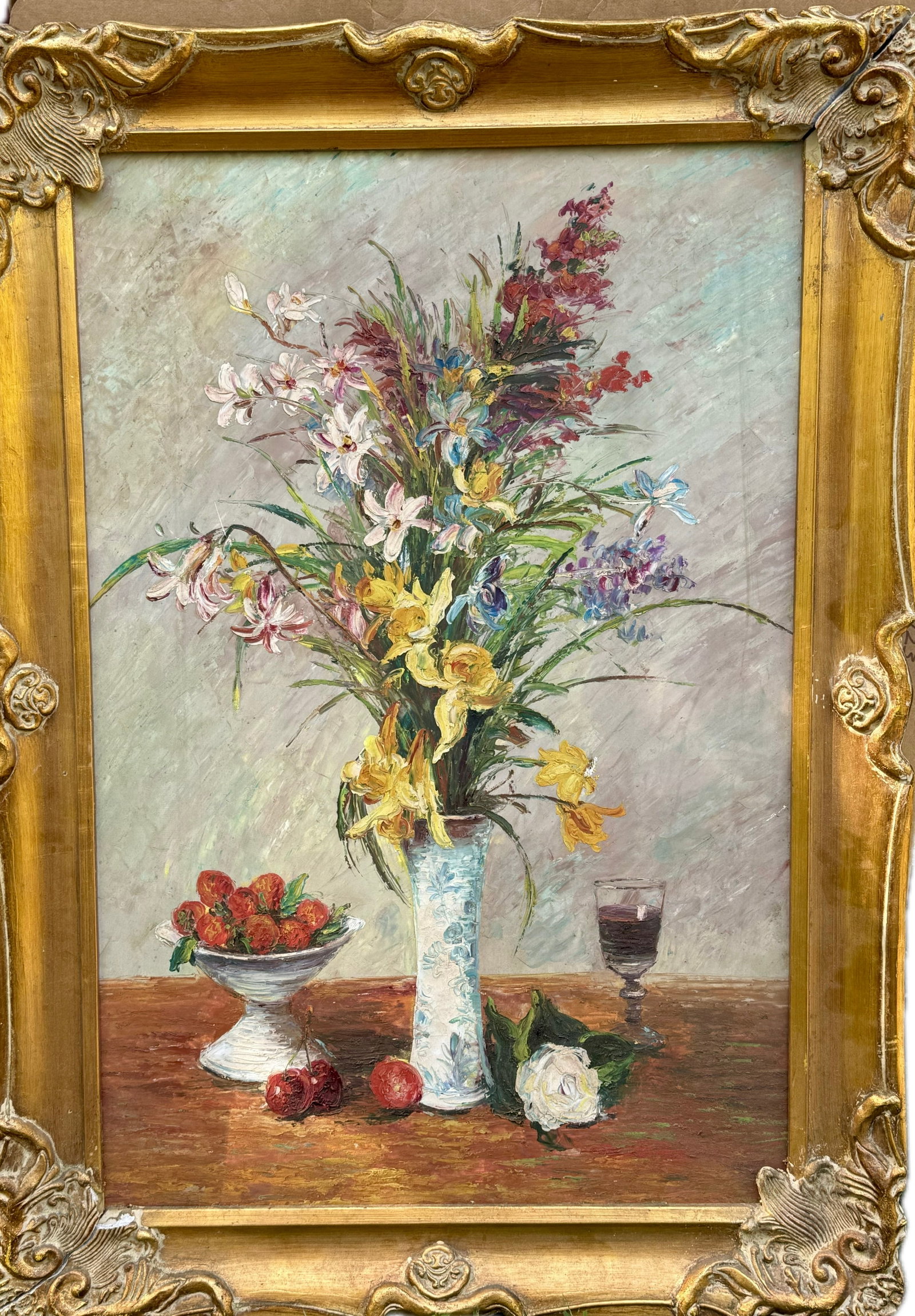 Claude Monet(after); Contemporary French Oil Still Life: Oil on canvas. A Still Life with Flowers, Fruit and Wine. After Claude Monet; 35.5in. X 23.5in.(image), 42in. X 30in.(framed)